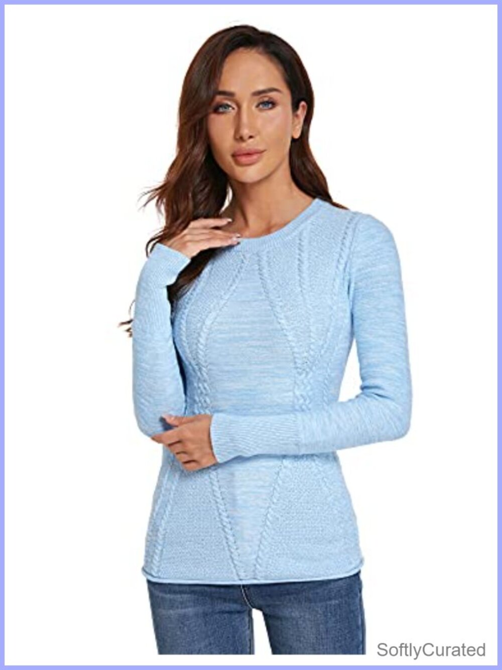Cotton Blend Cable Knit Crewneck Long Sleeve Pullover Sweater Fitted